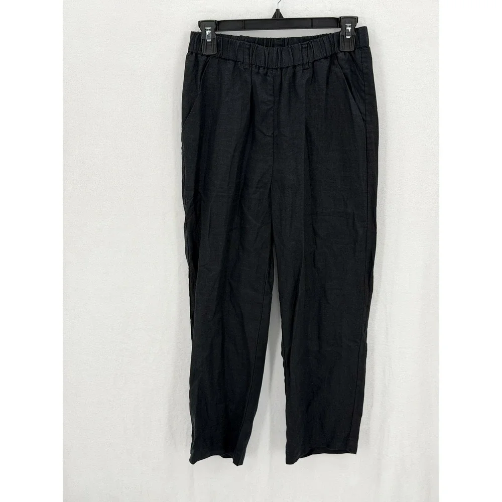 Quince Pants Womens XS Black Linen Cropped High Rise Coastal Sustainable Neutral